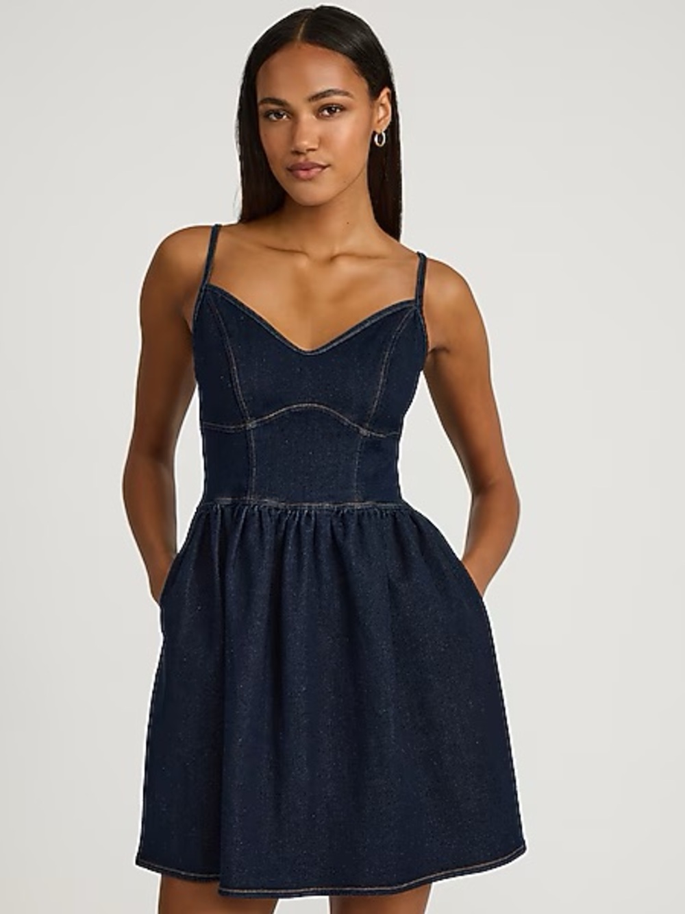 EXPRESS Dark Wash Denim Sweetheart Corset Fit and Flare Mini Dress with Pockets